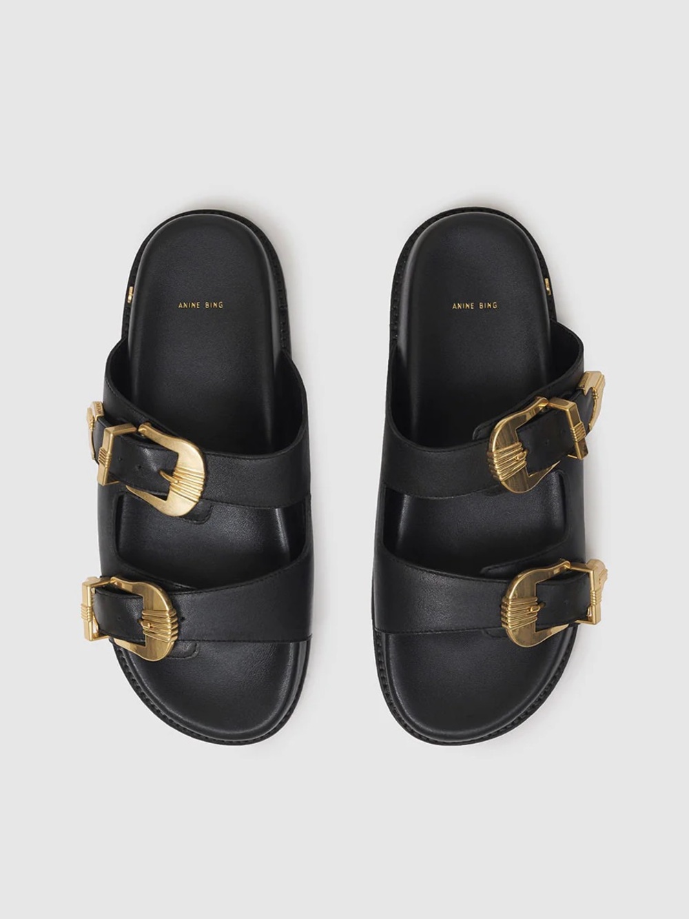 Anine Bing Black Leather Slide Sandals with Gold Buckles - Picture 3 of 16